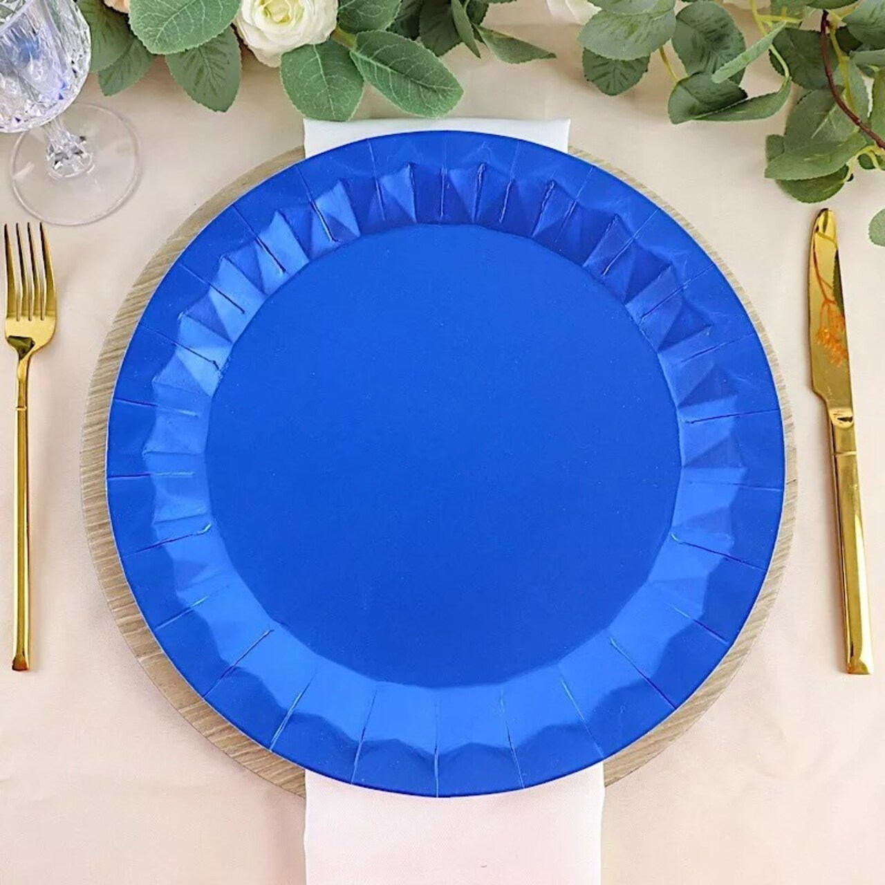 25 ROYAL BLUE Metallic Round 12" Paper Salad Dinner Plates Geometric Design